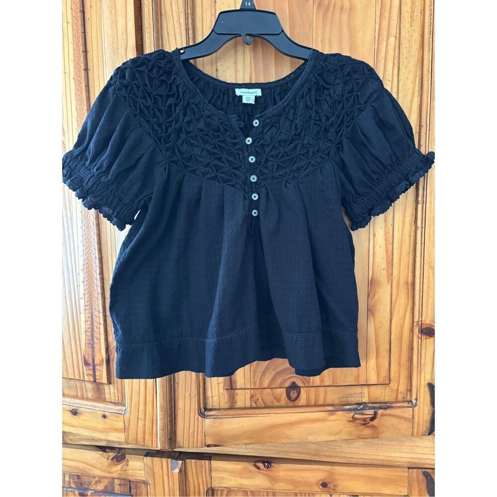 Sundance Black Smocked Yoke Short Sleeve Blouse